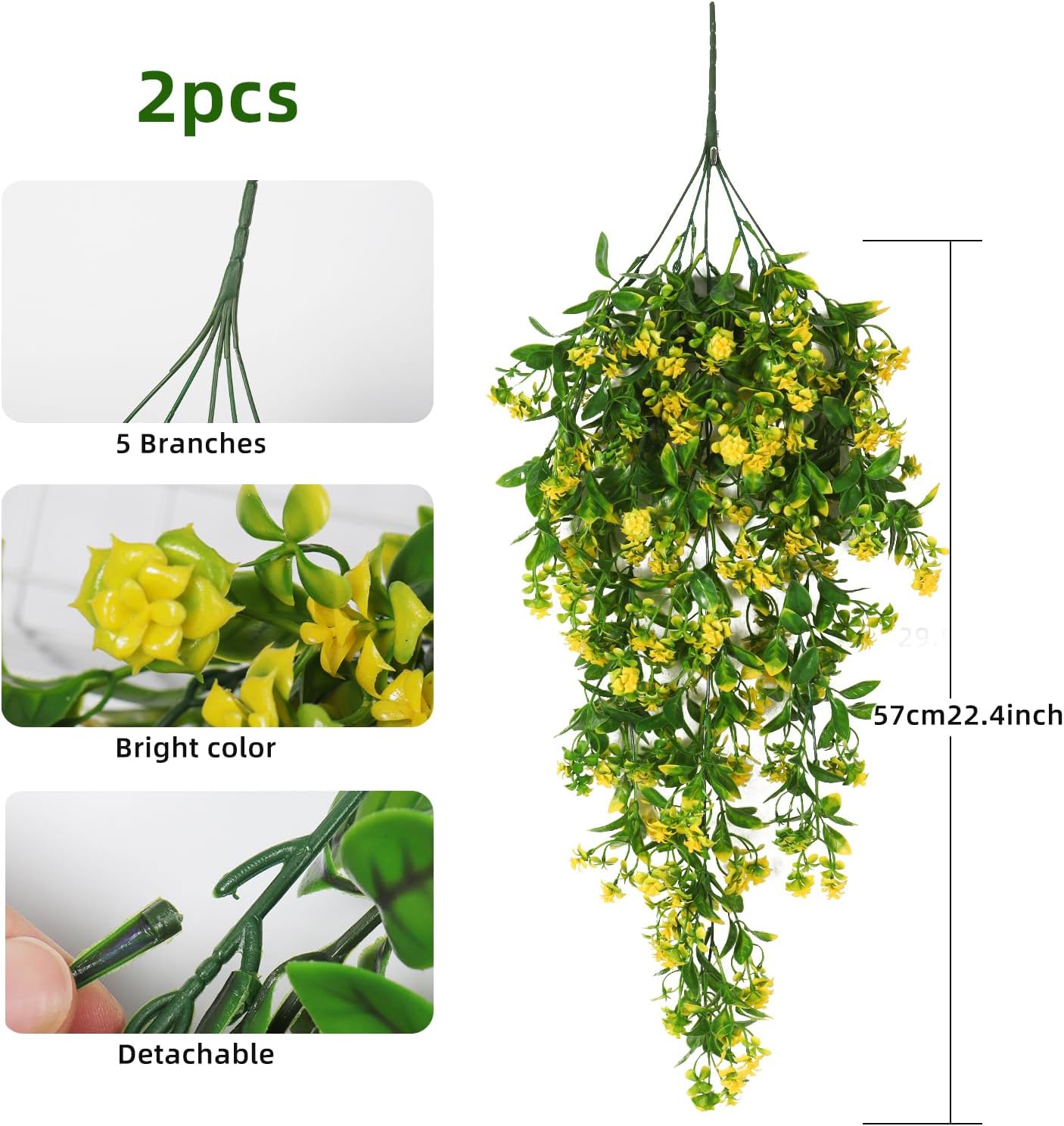 Artificial Fake Hanging Flowers Plants for Outdoors Decor 2Pcs | Faux Fall Flowers with Eucalyptus Leaves UV Resistant Plastic Greenery Vines for Planters Porch Patio Garden Decor（Yellow）