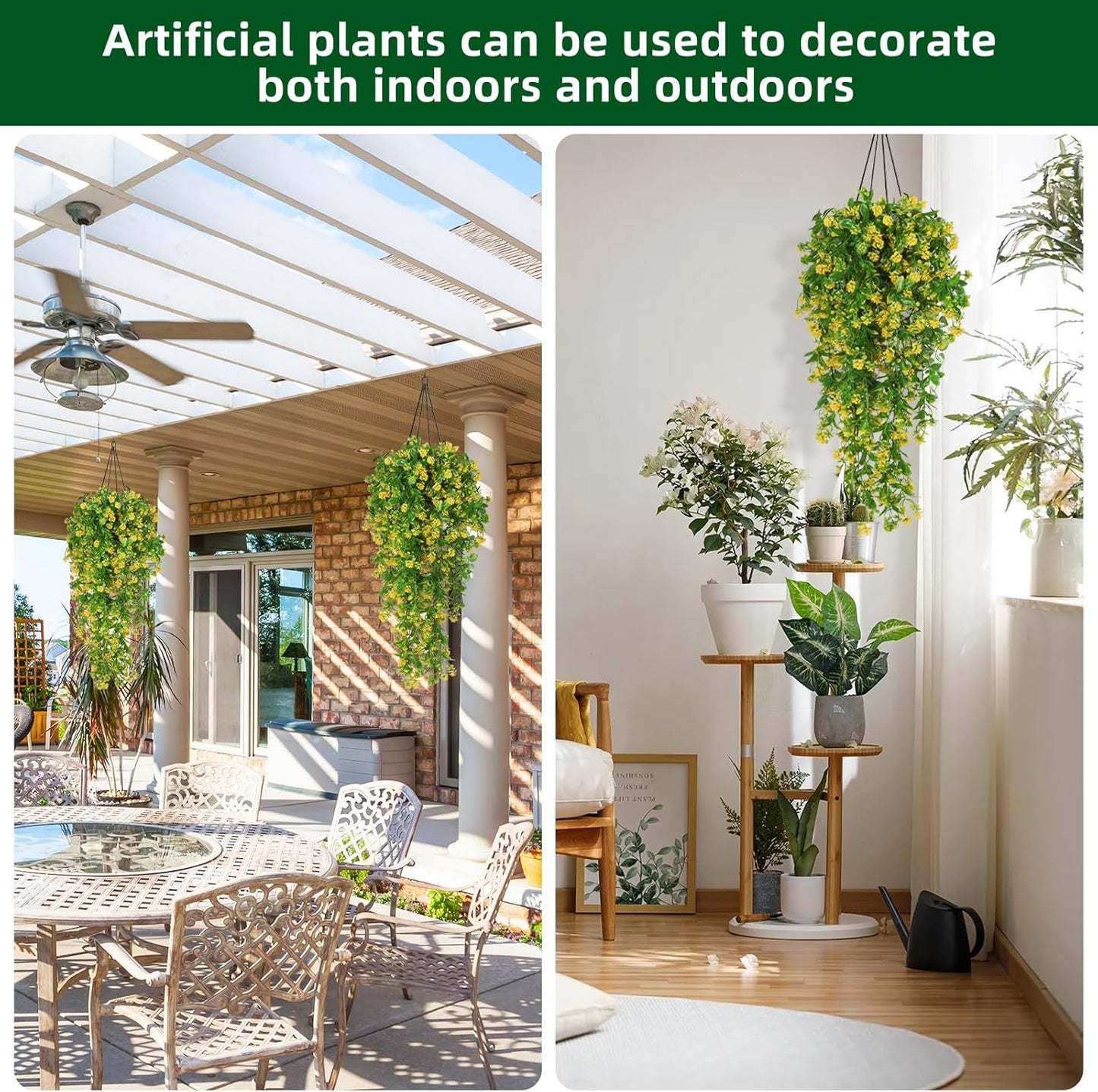 Artificial Fake Hanging Flowers Plants for Outdoors Decor 2Pcs | Faux Fall Flowers with Eucalyptus Leaves UV Resistant Plastic Greenery Vines for Planters Porch Patio Garden Decor（Yellow）