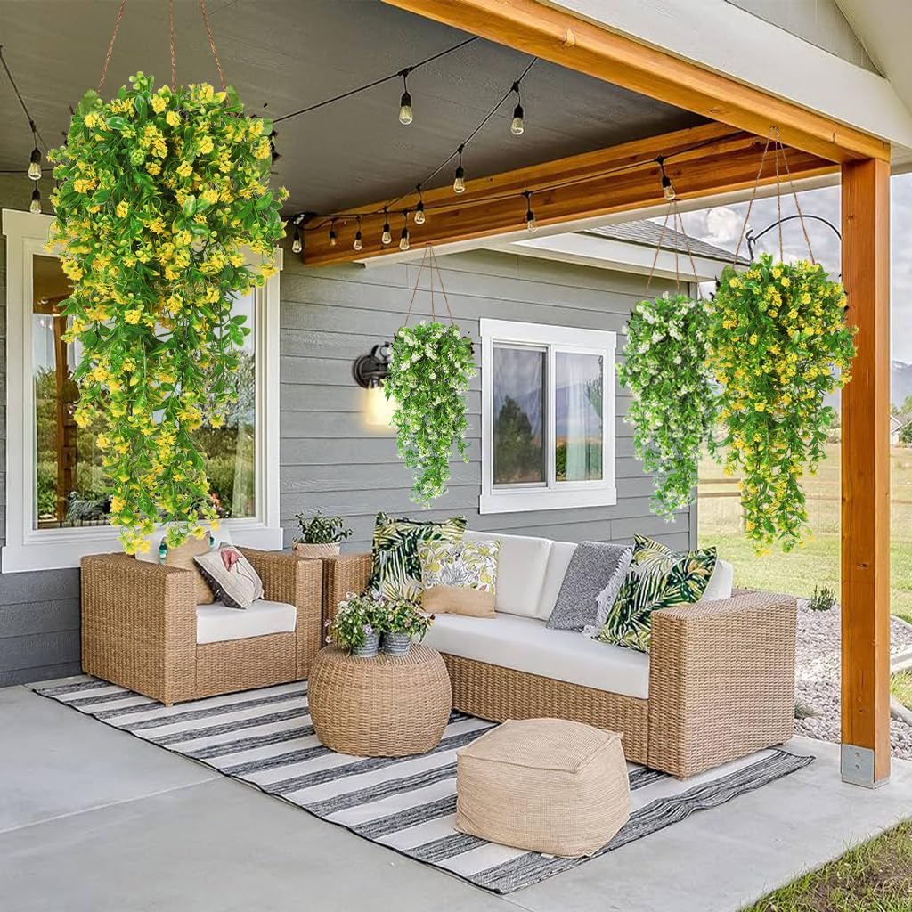 Artificial Fake Hanging Flowers Plants for Outdoors Decor 2Pcs | Faux Fall Flowers with Eucalyptus Leaves UV Resistant Plastic Greenery Vines for Planters Porch Patio Garden Decor（Yellow）