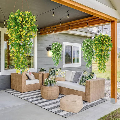 Artificial Fake Hanging Flowers Plants for Outdoors Decor 2Pcs | Faux Fall Flowers with Eucalyptus Leaves UV Resistant Plastic Greenery Vines for Planters Porch Patio Garden Decor（Yellow）