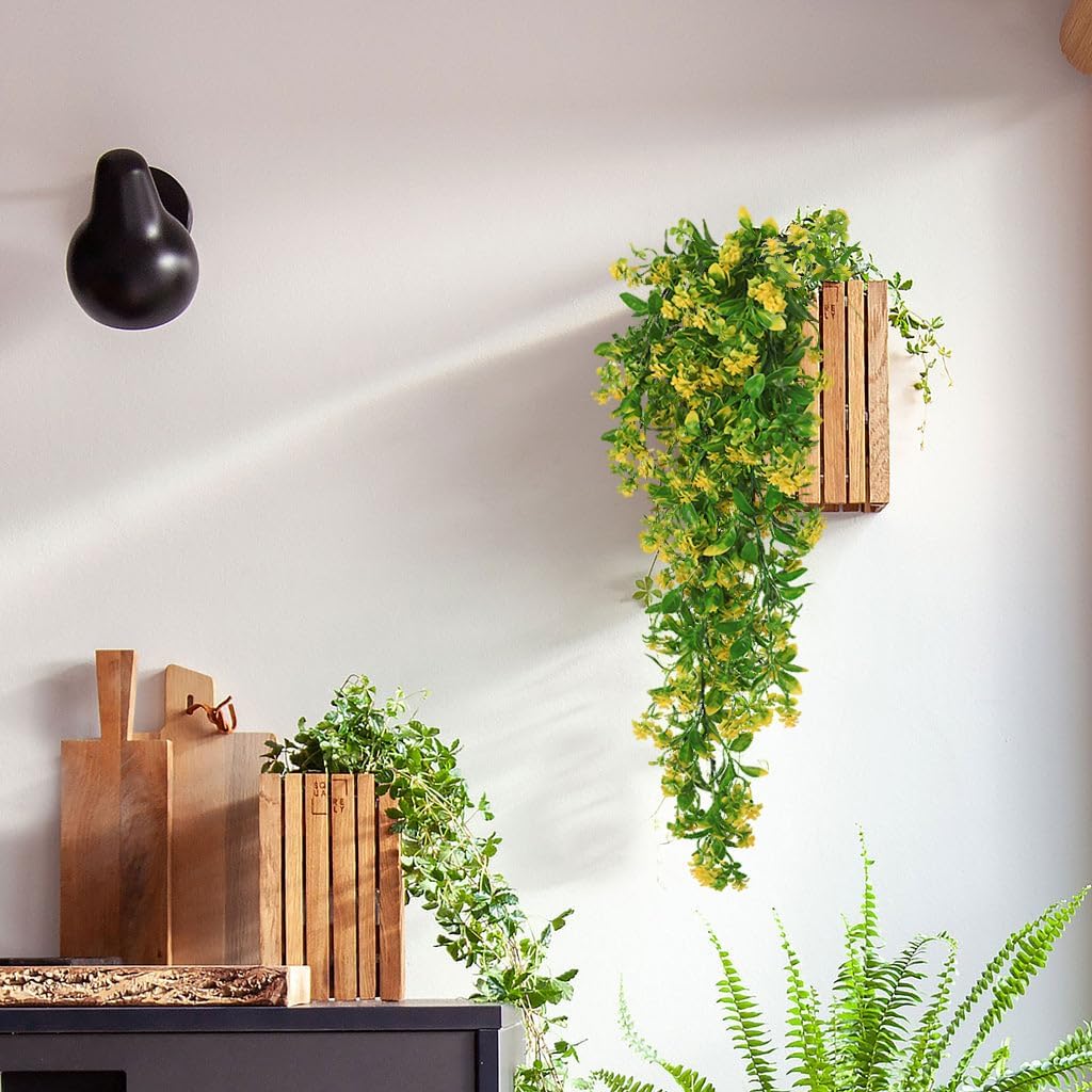 Artificial Fake Hanging Flowers Plants for Outdoors Decor 2Pcs | Faux Fall Flowers with Eucalyptus Leaves UV Resistant Plastic Greenery Vines for Planters Porch Patio Garden Decor（Yellow）
