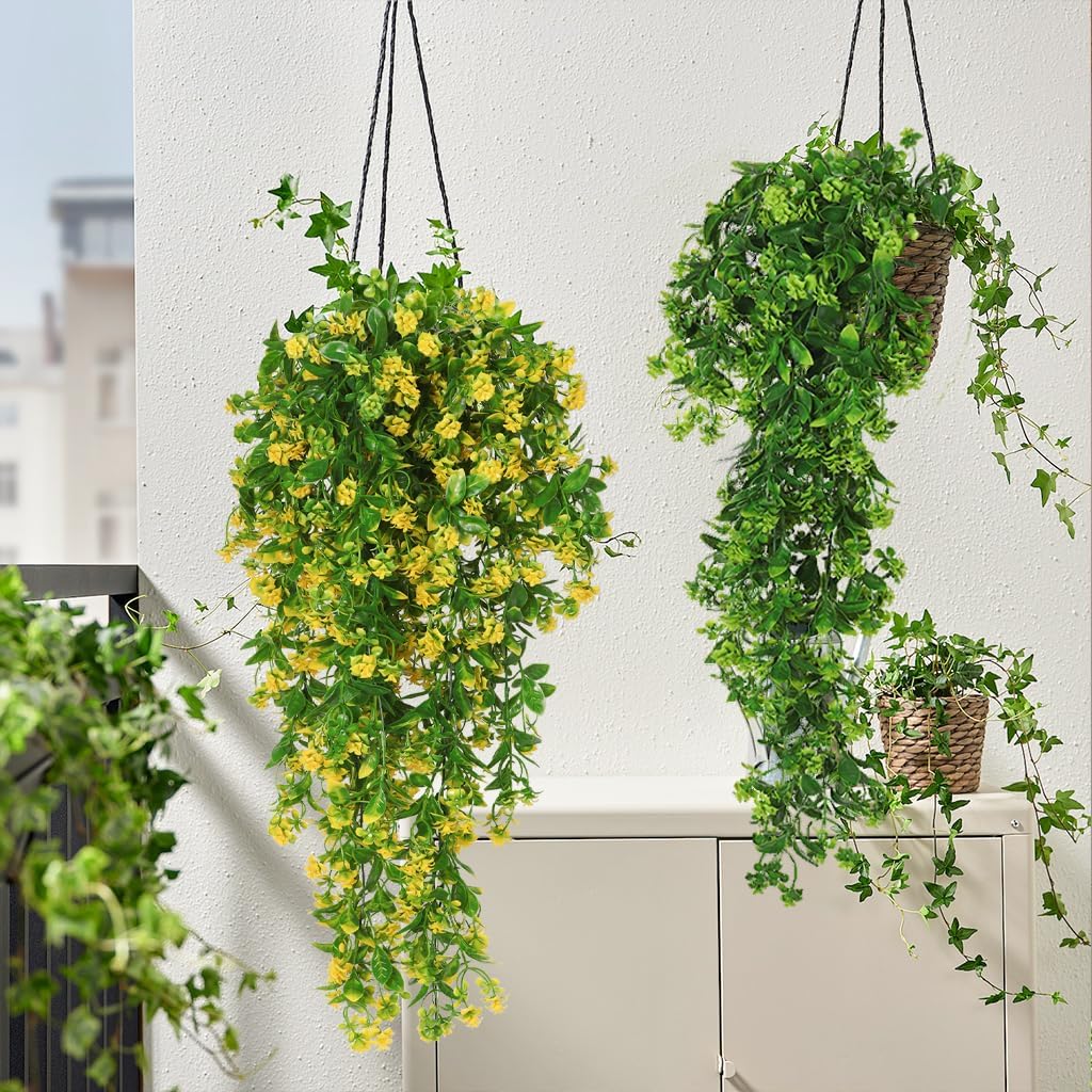 Artificial Fake Hanging Flowers Plants for Outdoors Decor 2Pcs | Faux Fall Flowers with Eucalyptus Leaves UV Resistant Plastic Greenery Vines for Planters Porch Patio Garden Decor（Yellow）