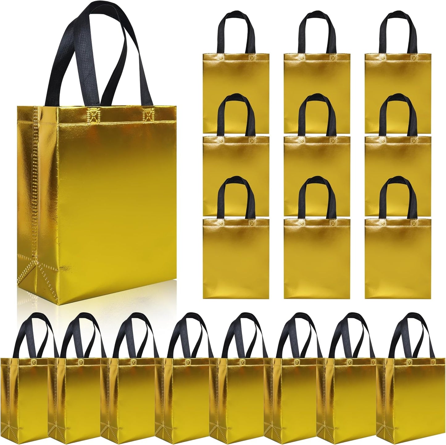 18 Pcs Glossy Yellow Small Gift Bags, Non-woven Reusable Goodie Bags with Sturdy Base, 8x3.9x9.8 In Holiday Gift Bag Bulk for Birthday, Wedding, Easter, Party