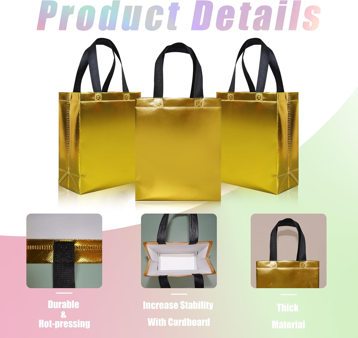 18 Pcs Glossy Yellow Small Gift Bags, Non-woven Reusable Goodie Bags with Sturdy Base, 8x3.9x9.8 In Holiday Gift Bag Bulk for Birthday, Wedding, Easter, Party