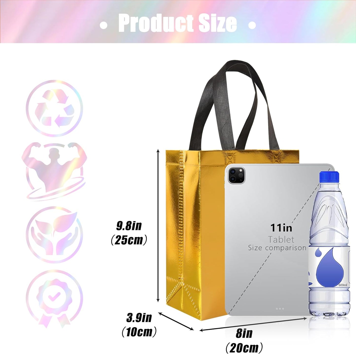 18 Pcs Glossy Yellow Small Gift Bags, Non-woven Reusable Goodie Bags with Sturdy Base, 8x3.9x9.8 In Holiday Gift Bag Bulk for Birthday, Wedding, Easter, Party