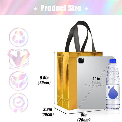 18 Pcs Glossy Yellow Small Gift Bags, Non-woven Reusable Goodie Bags with Sturdy Base, 8x3.9x9.8 In Holiday Gift Bag Bulk for Birthday, Wedding, Easter, Party