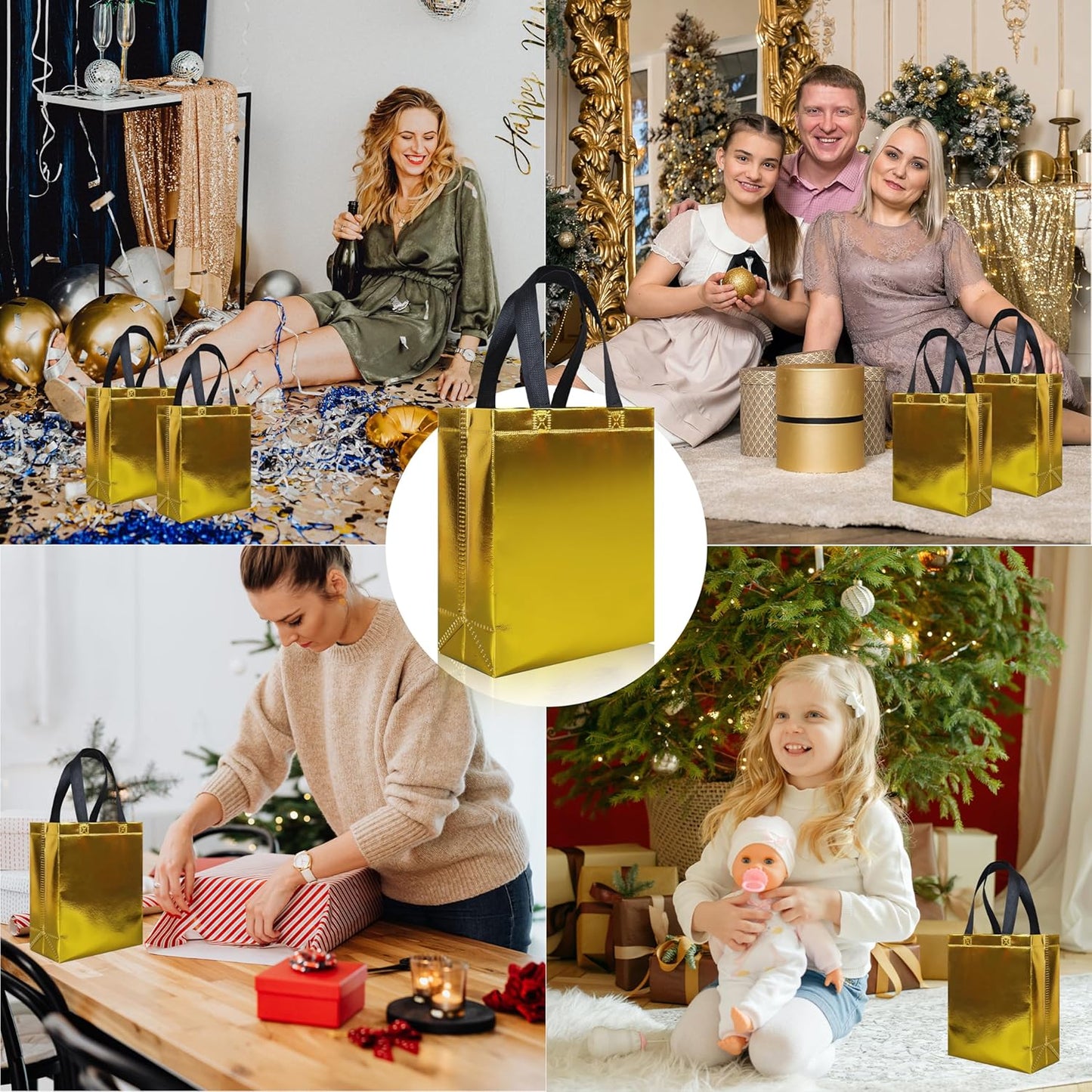 18 Pcs Glossy Yellow Small Gift Bags, Non-woven Reusable Goodie Bags with Sturdy Base, 8x3.9x9.8 In Holiday Gift Bag Bulk for Birthday, Wedding, Easter, Party
