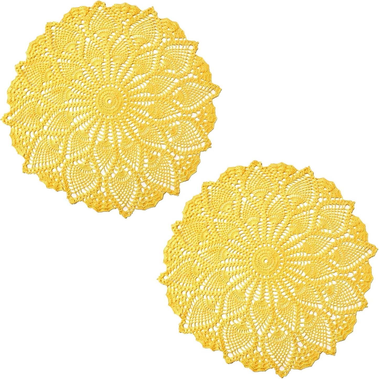 2 PCS 16 inches to 17.5 inches Lace Placemats Table Doilies Round Handmade Crochet Doily Kitchen Coffee Cup Mug Mats Dinner Place Mats Yellow Coasters for Mother's Day Anniversary