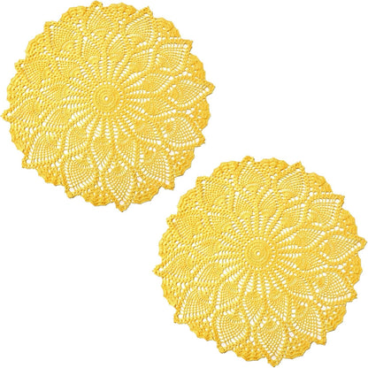 2 PCS 16 inches to 17.5 inches Lace Placemats Table Doilies Round Handmade Crochet Doily Kitchen Coffee Cup Mug Mats Dinner Place Mats Yellow Coasters for Mother's Day Anniversary