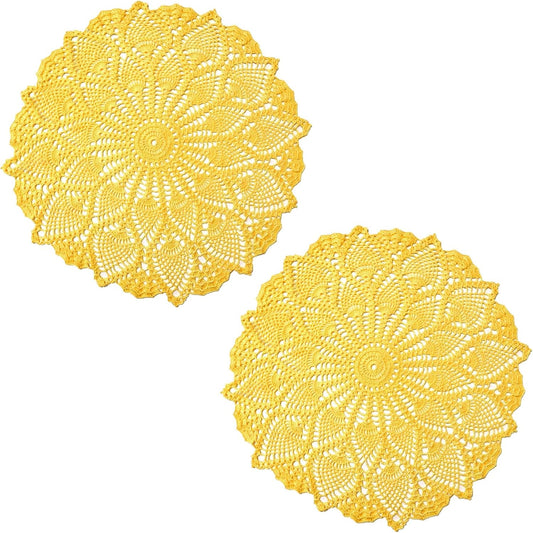 2 PCS 16 inches to 17.5 inches Lace Placemats Table Doilies Round Handmade Crochet Doily Kitchen Coffee Cup Mug Mats Dinner Place Mats Yellow Coasters for Mother's Day Anniversary