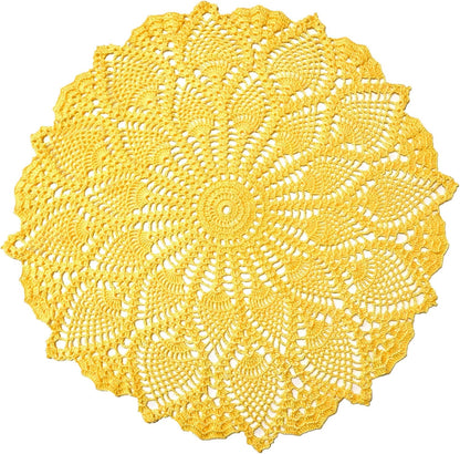 2 PCS 16 inches to 17.5 inches Lace Placemats Table Doilies Round Handmade Crochet Doily Kitchen Coffee Cup Mug Mats Dinner Place Mats Yellow Coasters for Mother's Day Anniversary