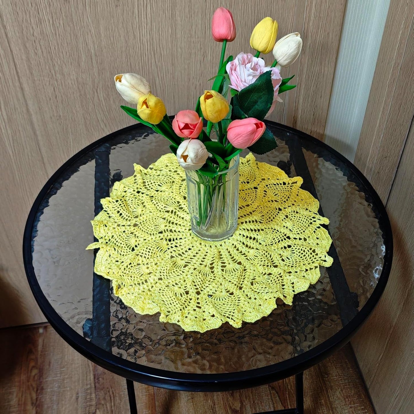 2 PCS 16 inches to 17.5 inches Lace Placemats Table Doilies Round Handmade Crochet Doily Kitchen Coffee Cup Mug Mats Dinner Place Mats Yellow Coasters for Mother's Day Anniversary