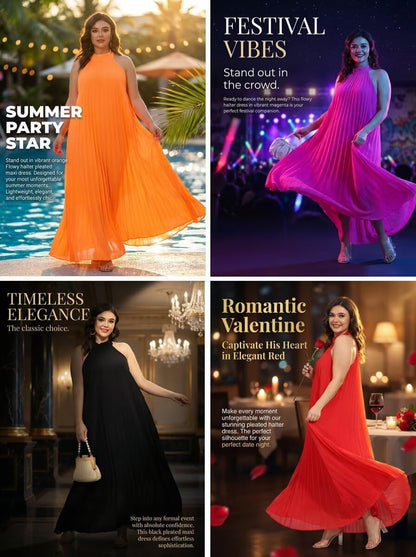 Womens Plus Size Chiffon Loose Long Maxi Dresses | Sleeveless, Halter Neck, Pleated, Summer Casual Formal Dress, Wedding Guest, Beach, Vacation, Prom, Party, Club, Evening