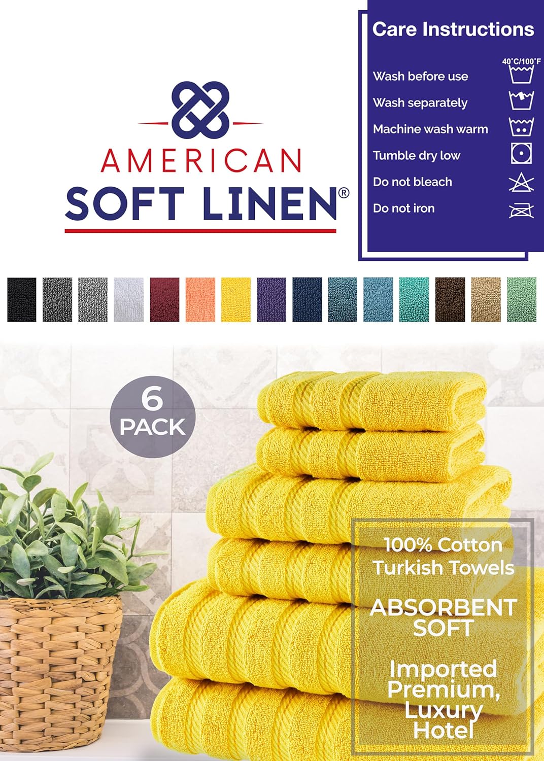 100% Carde Cotton 6 Piece Towel Set, 590 GSM Heavy Weight Soft Absorbent Turkish Towels for Bathroom, Sun Yellow