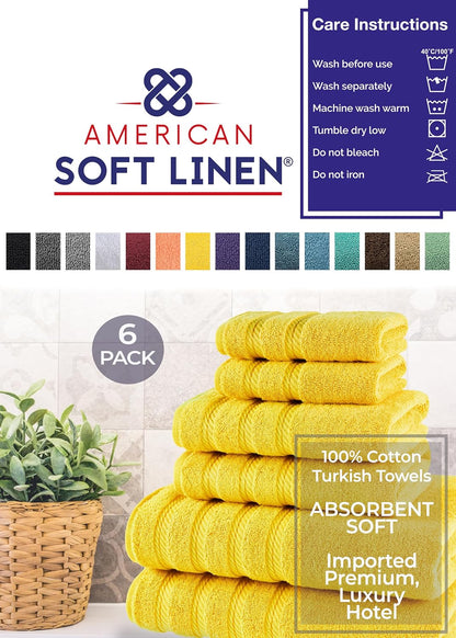 100% Carde Cotton 6 Piece Towel Set, 590 GSM Heavy Weight Soft Absorbent Turkish Towels for Bathroom, Sun Yellow