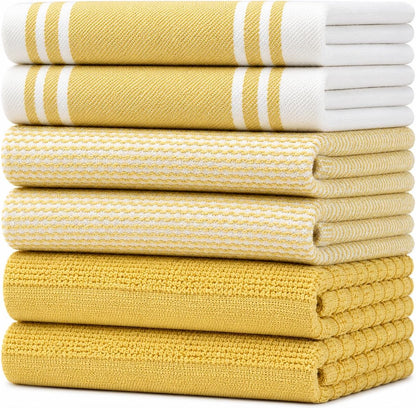 Premium Kitchen Towels (20”x 28”, 6 Pack) | Large Cotton Dish Towels | Flat & Terry Highly Absorbent Kitchen Linen Set with Hanging Loop | Wide Stripe Yellow