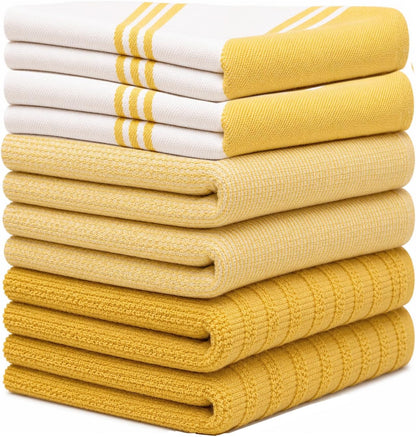 Premium Kitchen Towels (20”x 28”, 6 Pack) | Large Cotton Dish Towels | Flat & Terry Highly Absorbent Kitchen Linen Set with Hanging Loop | Wide Stripe Yellow