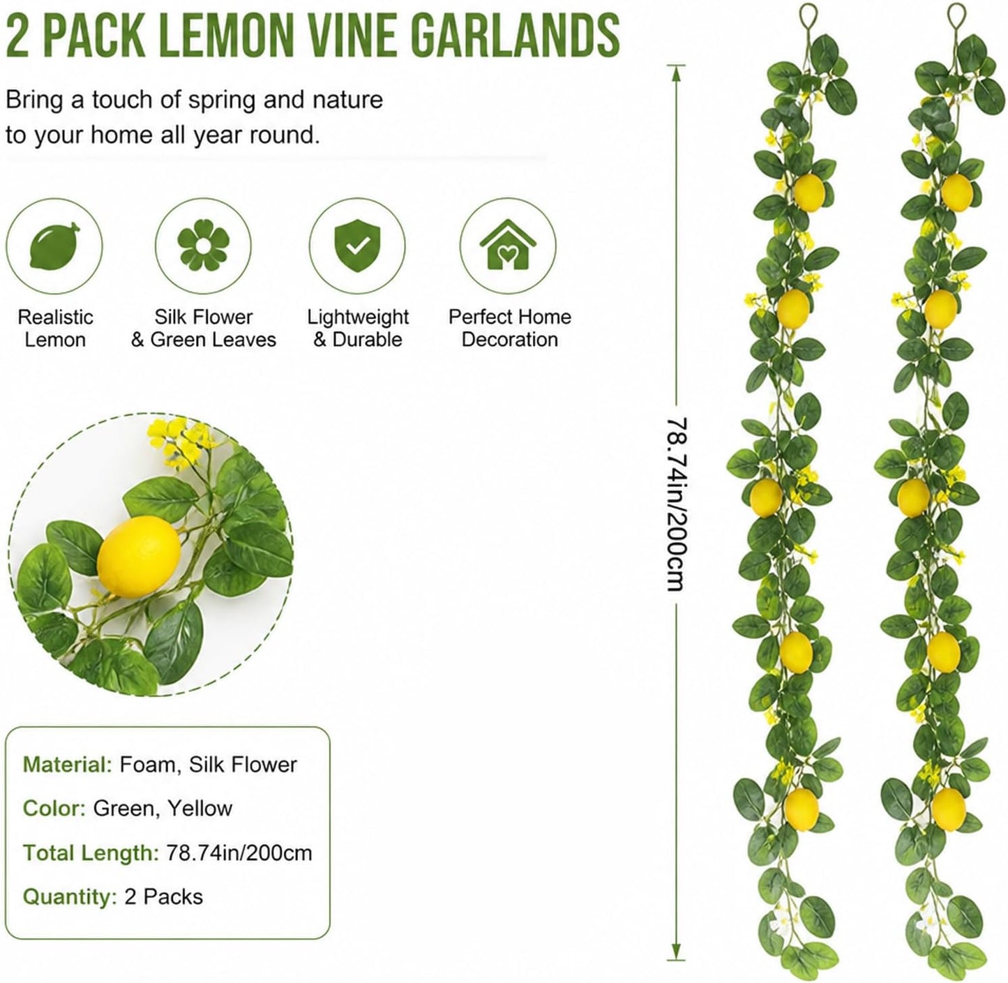 2 PCS Artificial Lemon Garlands, Fake Lemon Greenery Vine Garland | 78.7inch, Realistic Summer Lemon Themed Decor, Suitable for Home Kitchen Wedding Summer Party Decoration, Comes with Zip Tie