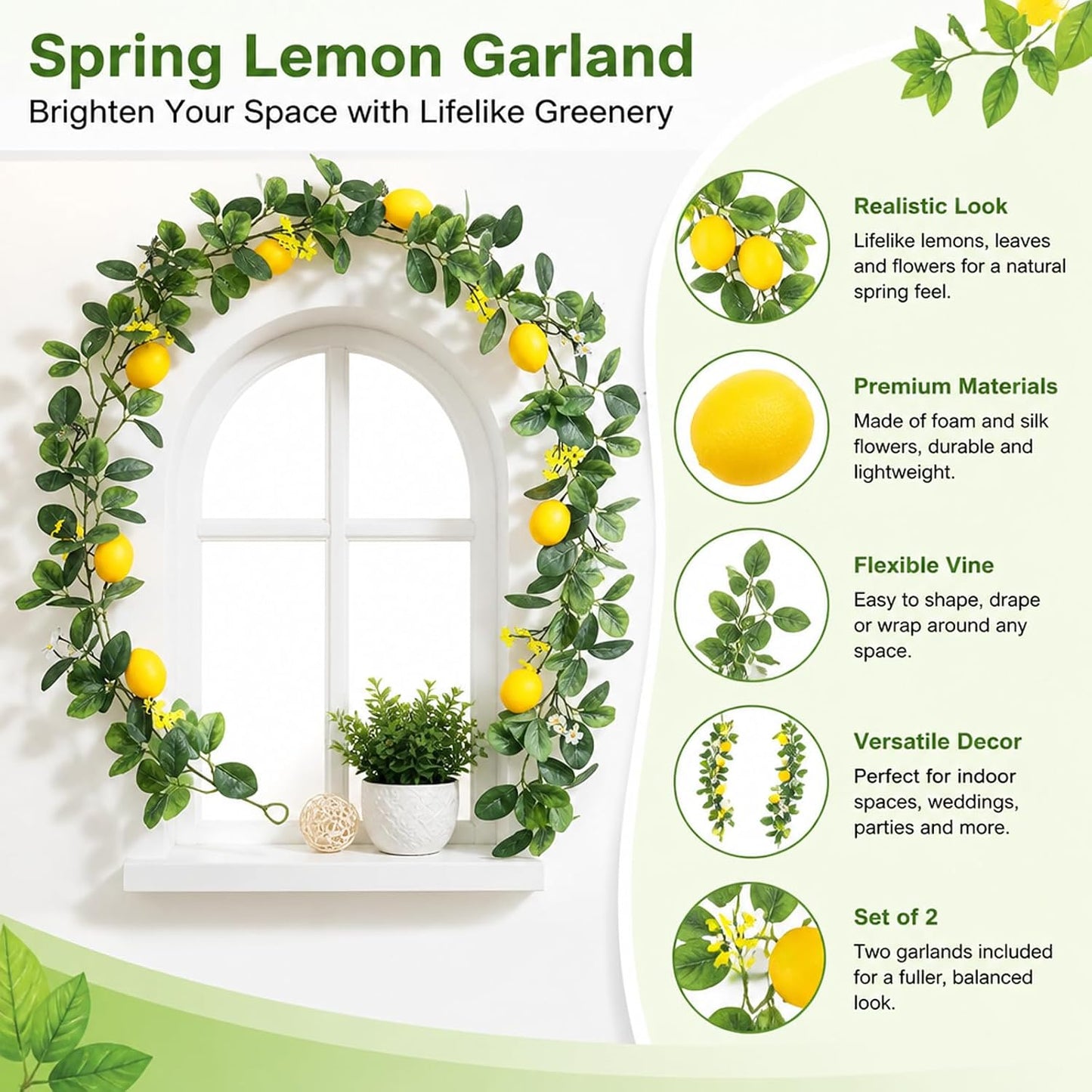 2 PCS Artificial Lemon Garlands, Fake Lemon Greenery Vine Garland | 78.7inch, Realistic Summer Lemon Themed Decor, Suitable for Home Kitchen Wedding Summer Party Decoration, Comes with Zip Tie