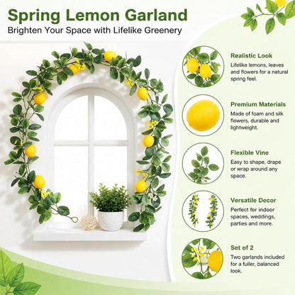 2 PCS Artificial Lemon Garlands, Fake Lemon Greenery Vine Garland | 78.7inch, Realistic Summer Lemon Themed Decor, Suitable for Home Kitchen Wedding Summer Party Decoration, Comes with Zip Tie