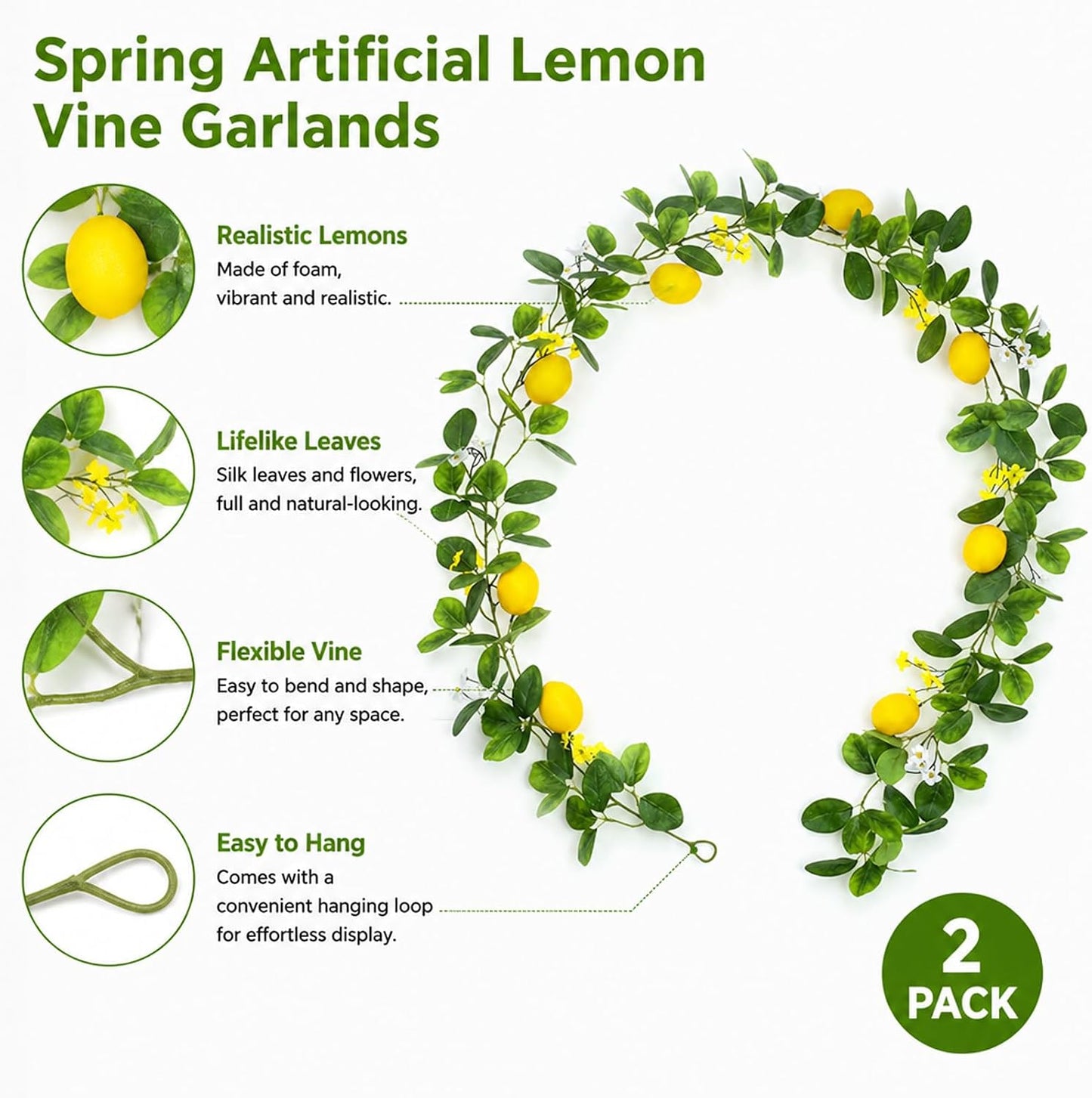 2 PCS Artificial Lemon Garlands, Fake Lemon Greenery Vine Garland | 78.7inch, Realistic Summer Lemon Themed Decor, Suitable for Home Kitchen Wedding Summer Party Decoration, Comes with Zip Tie