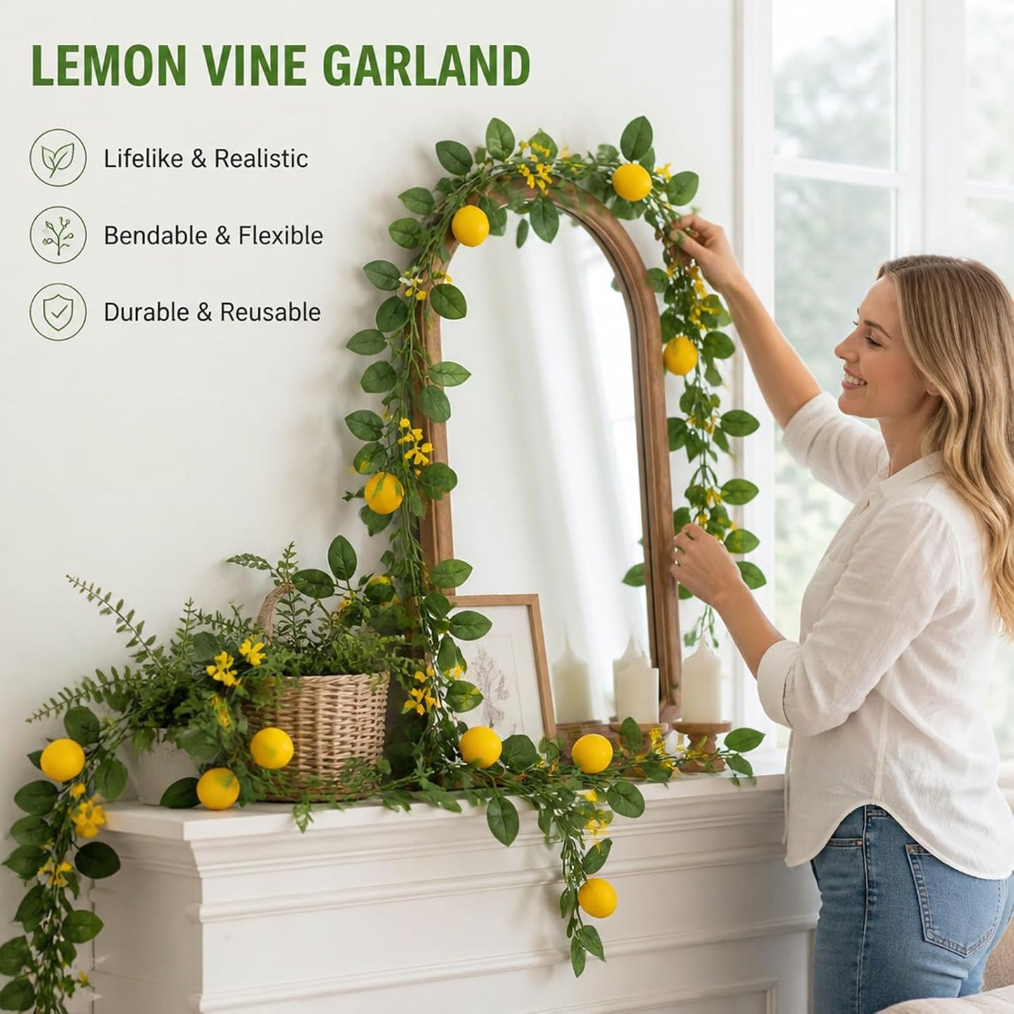2 PCS Artificial Lemon Garlands, Fake Lemon Greenery Vine Garland | 78.7inch, Realistic Summer Lemon Themed Decor, Suitable for Home Kitchen Wedding Summer Party Decoration, Comes with Zip Tie