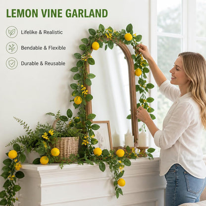 2 PCS Artificial Lemon Garlands, Fake Lemon Greenery Vine Garland | 78.7inch, Realistic Summer Lemon Themed Decor, Suitable for Home Kitchen Wedding Summer Party Decoration, Comes with Zip Tie