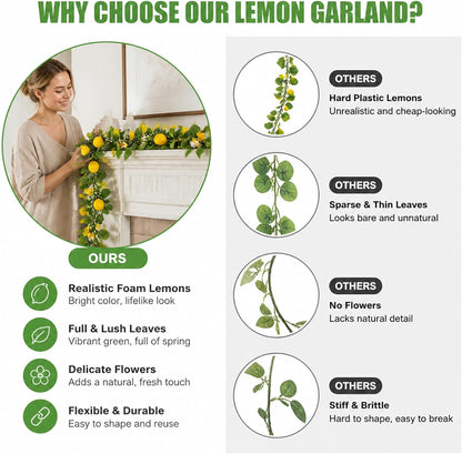 2 PCS Artificial Lemon Garlands, Fake Lemon Greenery Vine Garland | 78.7inch, Realistic Summer Lemon Themed Decor, Suitable for Home Kitchen Wedding Summer Party Decoration, Comes with Zip Tie