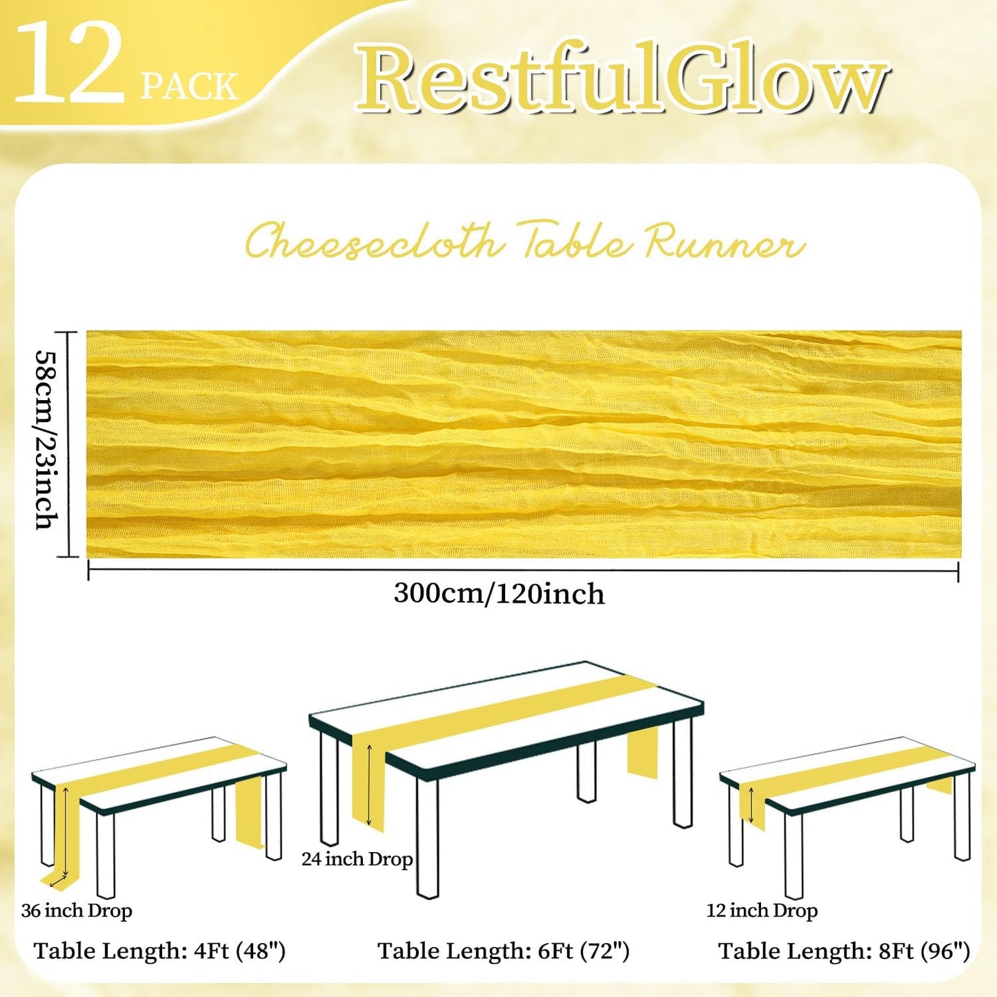 12 Pack Yellow Cheesecloth Table Runner 10FT Boho Cheese Cloths Gauze Fabric Table Runners 120 Inch Rustic Sheer for Summer Wedding Birthday Party Baby Shower Holiday Home