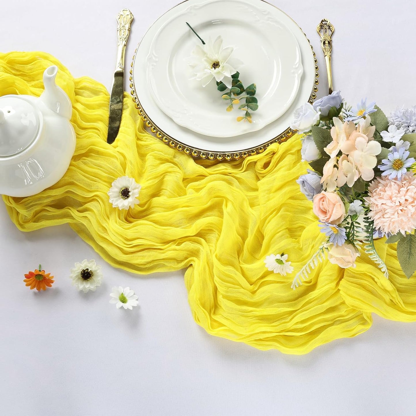 12 Pack Yellow Cheesecloth Table Runner 10FT Boho Cheese Cloths Gauze Fabric Table Runners 120 Inch Rustic Sheer for Summer Wedding Birthday Party Baby Shower Holiday Home