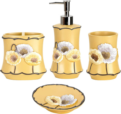 4pc Poppy Fields Yellow Bathroom Accessories Set Hand Soap Dispenser, Tumbler, Tooth Brush Holder and Soap Dish Modern Contemporary Decor Complete Bathroom Sets with Shower Curtains