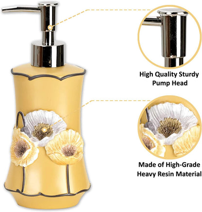 4pc Poppy Fields Yellow Bathroom Accessories Set Hand Soap Dispenser, Tumbler, Tooth Brush Holder and Soap Dish Modern Contemporary Decor Complete Bathroom Sets with Shower Curtains