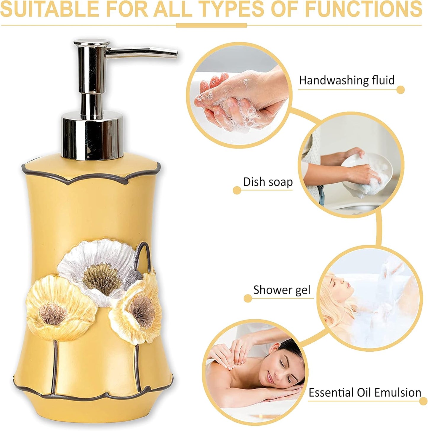 4pc Poppy Fields Yellow Bathroom Accessories Set Hand Soap Dispenser, Tumbler, Tooth Brush Holder and Soap Dish Modern Contemporary Decor Complete Bathroom Sets with Shower Curtains