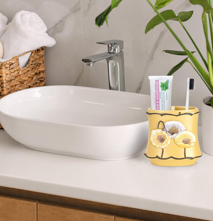 4pc Poppy Fields Yellow Bathroom Accessories Set Hand Soap Dispenser, Tumbler, Tooth Brush Holder and Soap Dish Modern Contemporary Decor Complete Bathroom Sets with Shower Curtains