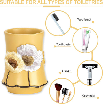 4pc Poppy Fields Yellow Bathroom Accessories Set Hand Soap Dispenser, Tumbler, Tooth Brush Holder and Soap Dish Modern Contemporary Decor Complete Bathroom Sets with Shower Curtains