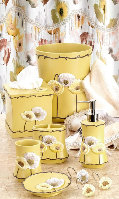4pc Poppy Fields Yellow Bathroom Accessories Set Hand Soap Dispenser, Tumbler, Tooth Brush Holder and Soap Dish Modern Contemporary Decor Complete Bathroom Sets with Shower Curtains