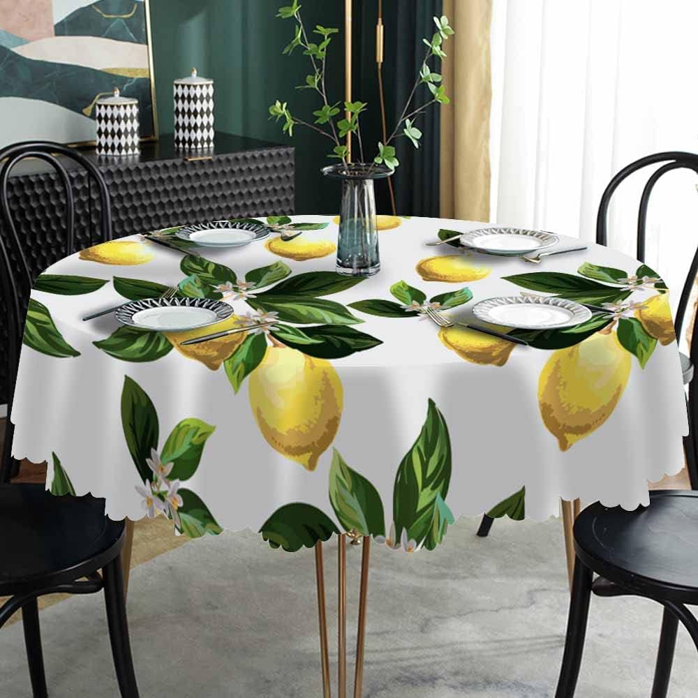 Yellow Lemons Table Cloth Flower Leaves Cool Summer Fresh Fruit Round Tablecloth 60 Inch for Dining Room, Party, Banquet