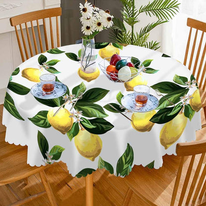Yellow Lemons Table Cloth Flower Leaves Cool Summer Fresh Fruit Round Tablecloth 60 Inch for Dining Room, Party, Banquet