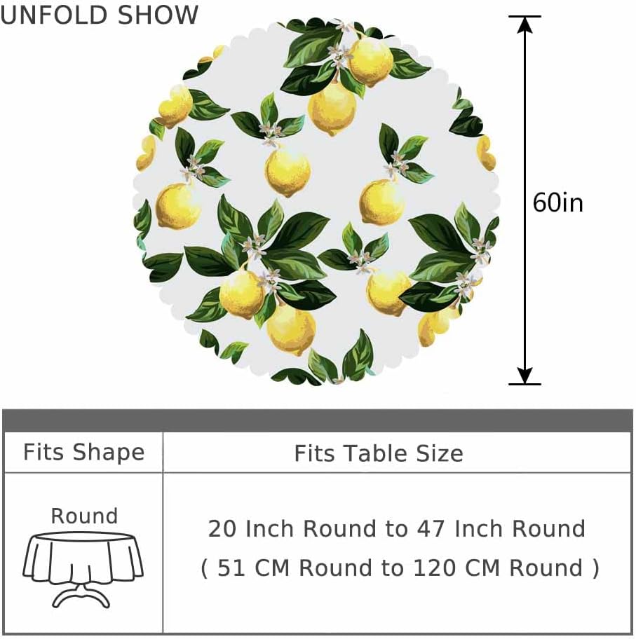 Yellow Lemons Table Cloth Flower Leaves Cool Summer Fresh Fruit Round Tablecloth 60 Inch for Dining Room, Party, Banquet