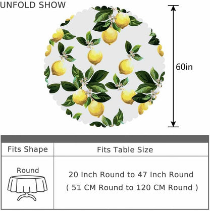 Yellow Lemons Table Cloth Flower Leaves Cool Summer Fresh Fruit Round Tablecloth 60 Inch for Dining Room, Party, Banquet