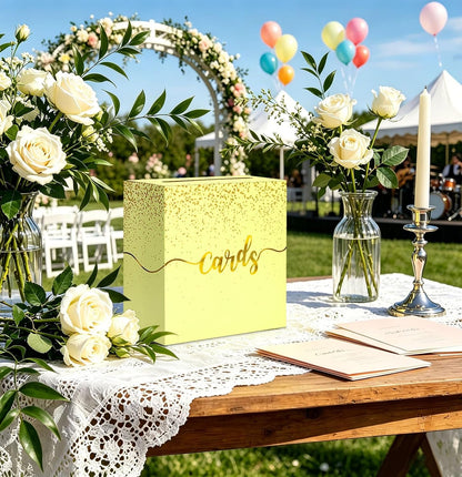 Yellow Wedding Card Box with Gold Foil Yellow Gift Card Holder Box for Party Wedding Reception Graduation Birthday Baby Shower Retirement Cardboard Envelope Raffle Box with Slot