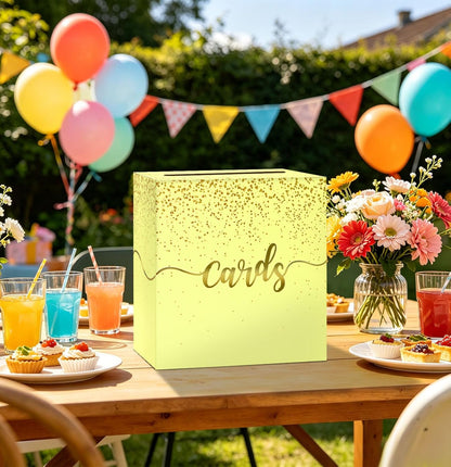 Yellow Wedding Card Box with Gold Foil Yellow Gift Card Holder Box for Party Wedding Reception Graduation Birthday Baby Shower Retirement Cardboard Envelope Raffle Box with Slot