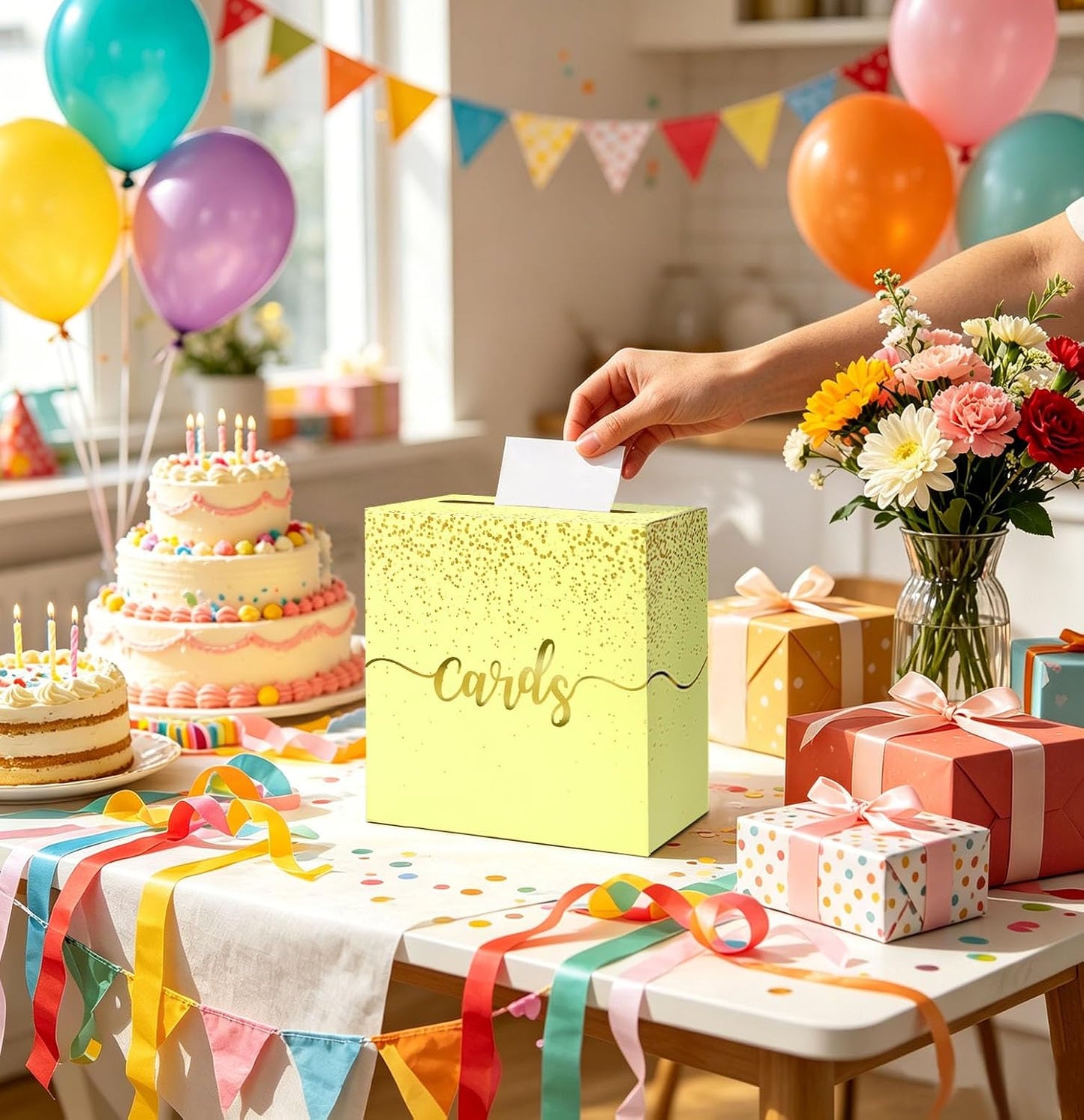 Yellow Wedding Card Box with Gold Foil Yellow Gift Card Holder Box for Party Wedding Reception Graduation Birthday Baby Shower Retirement Cardboard Envelope Raffle Box with Slot