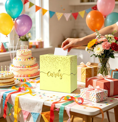Yellow Wedding Card Box with Gold Foil Yellow Gift Card Holder Box for Party Wedding Reception Graduation Birthday Baby Shower Retirement Cardboard Envelope Raffle Box with Slot