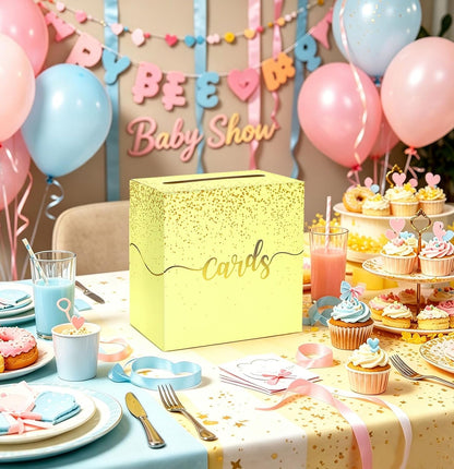 Yellow Wedding Card Box with Gold Foil Yellow Gift Card Holder Box for Party Wedding Reception Graduation Birthday Baby Shower Retirement Cardboard Envelope Raffle Box with Slot