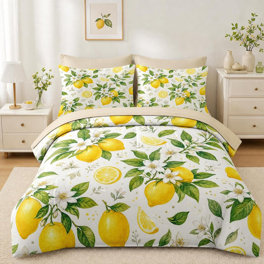 Comforter Set Twin Size Lemon Floral Botanical 7 Pcs, Bedding for Kids and Adults, Bed Sheet Sets with Fitted Sheet 2 Pillowcases & 2 Shams for Bedroom Bed Decor