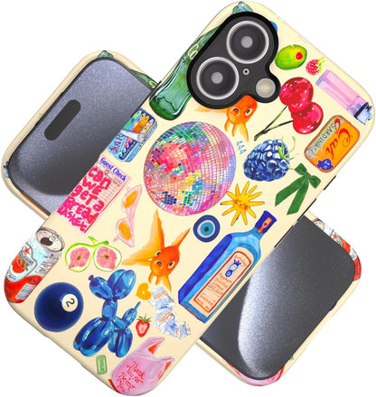 Compatible with iPhone 17 Case 6.3”, Cute Patterns Shockproof Protective Aesthetic Phone Case with Stylish Designs for Women Girl, Fruit Lemon European Summer Collage