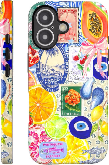 Compatible with iPhone 17 Case 6.3”, Cute Patterns Shockproof Protective Aesthetic Phone Case with Stylish Designs for Women Girl, Fruit Lemon European Summer Collage