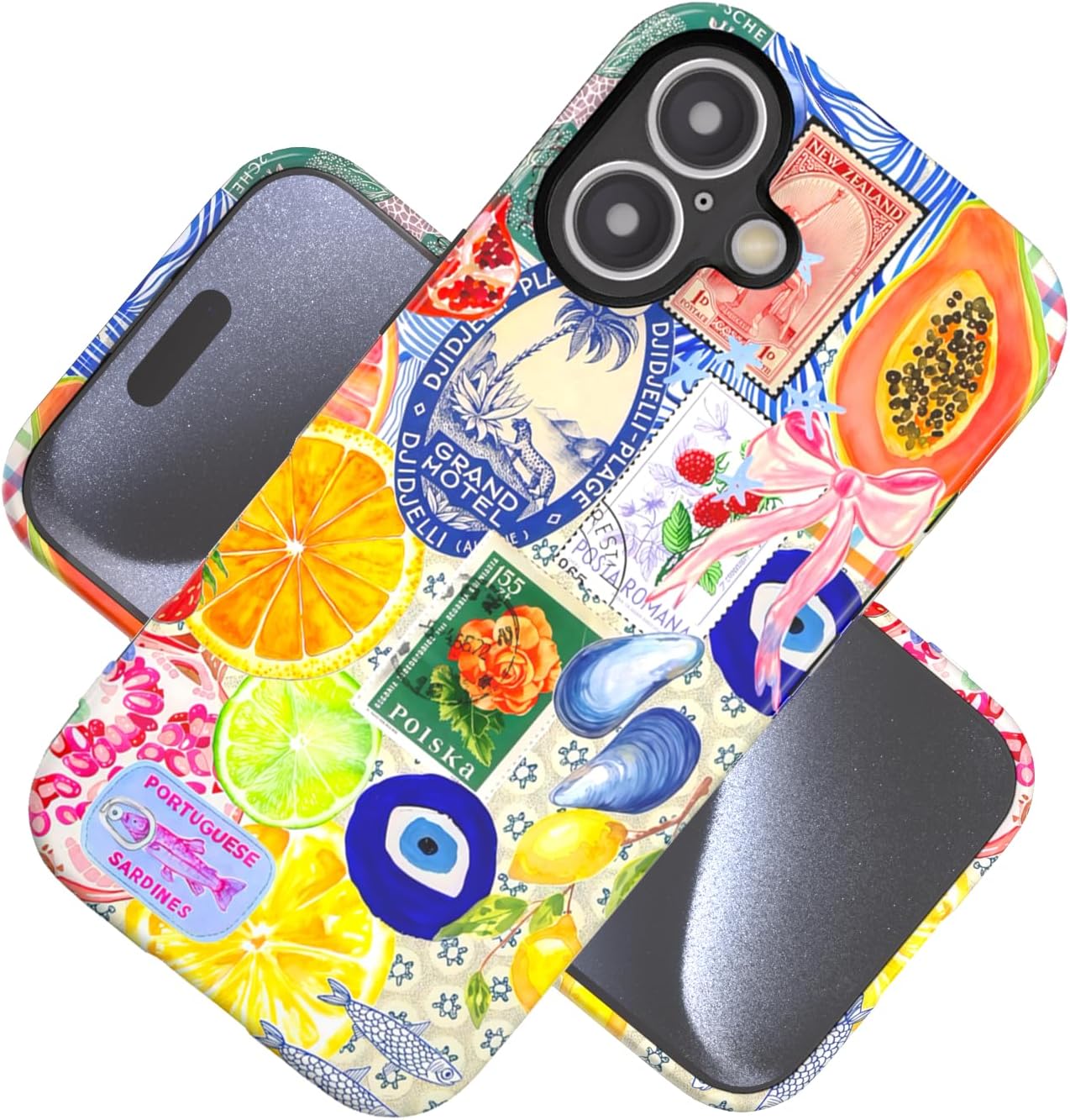 Compatible with iPhone 17 Case 6.3”, Cute Patterns Shockproof Protective Aesthetic Phone Case with Stylish Designs for Women Girl, Fruit Lemon European Summer Collage
