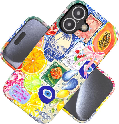 Compatible with iPhone 17 Case 6.3”, Cute Patterns Shockproof Protective Aesthetic Phone Case with Stylish Designs for Women Girl, Fruit Lemon European Summer Collage